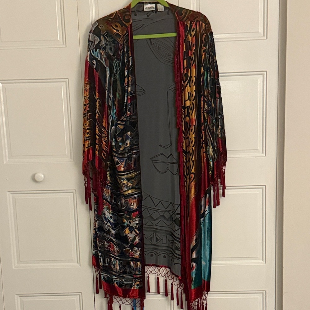 Chico's burn-out Multicolor beaded Fringe Duster